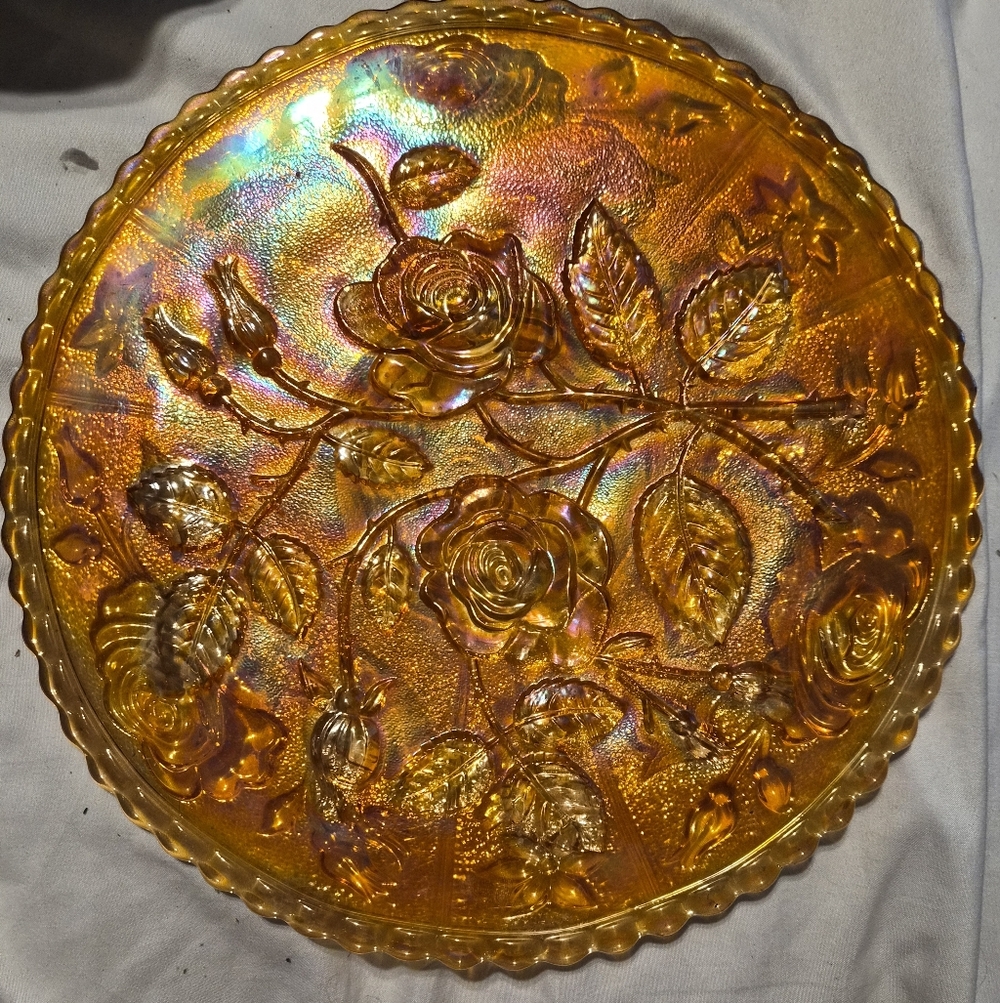 Imperial Open Rose Marigold Carnival Glass Plate 10.5"
